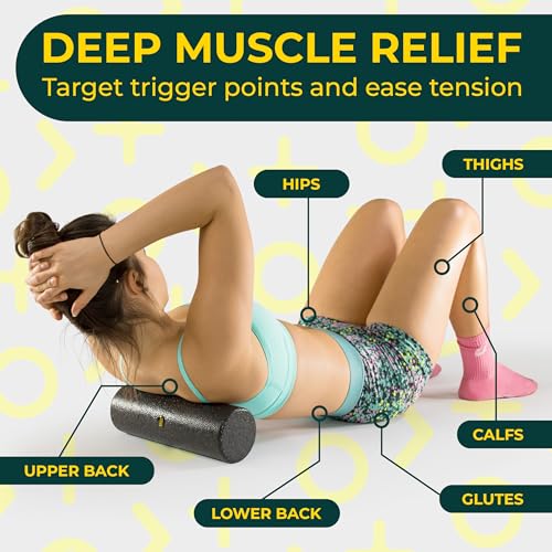 Deep Recovery 물리 치료 및 운동을 위한 요가 폼 롤러 - 허리 통증, 다리 및 어깨용 블랙 백 롤러, 30.5 x 10.2cm(12 x 4인치) 여행용 사이즈 - 근막 이완을 위한 딥 티슈 마사지 - color: 블랙.