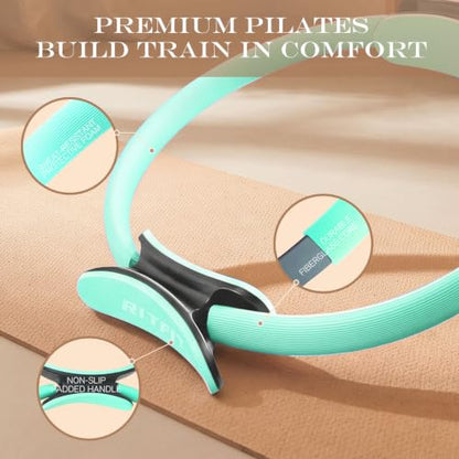 RitFit Pilates Ring 14 Inch Magic Fitness Circle for Inner Thigh Toning | Bonus Workout Guide & Storage Bag Included, Lightweight & Portable, Pilates Yoga Full Body Toning - style: Cyan Kit