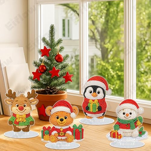 Eiflow 4PCS Tabletop Diamond Art Kit for Adults Christmas, DIY Desktop Diamond Art Painting Ornament with Stand, Acrylic Stand Up Gem Painting Board Kit - color: Christmas Doll