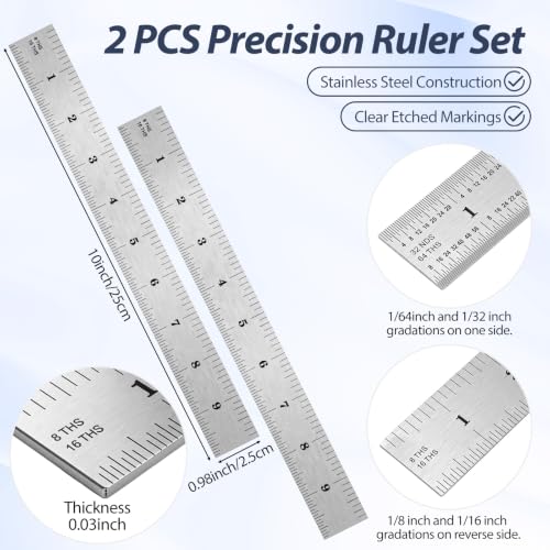 EBOOT 2 Pcs Stainless Steel Ruler Machinist Engineer Ruler with Markings 1/8, 1/16, 1/32, 1/64 Inch for Engineering, School, Office, Architect, and Drawing (10 Inch) - size: 10 Inch