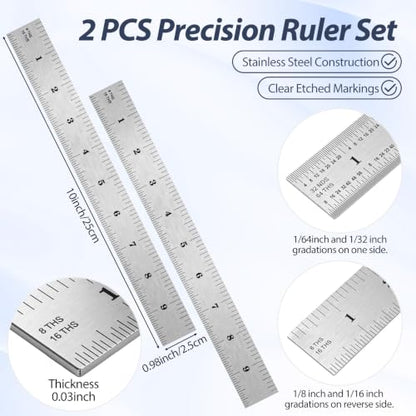 EBOOT 2 Pcs Stainless Steel Ruler Machinist Engineer Ruler with Markings 1/8, 1/16, 1/32, 1/64 Inch for Engineering, School, Office, Architect, and Drawing (10 Inch) - size: 10 Inch