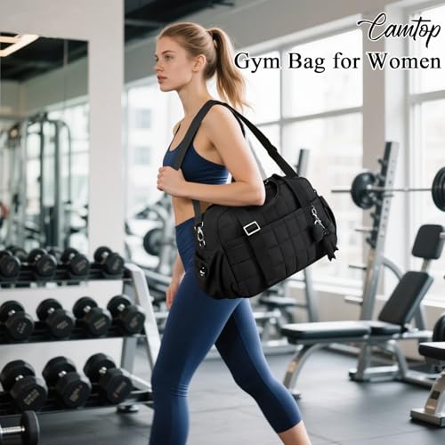 CAMTOP Mini Gym Bag for Women, Small Gym Tote Bag Puffy Quilted Sports Duffel Bag with Wet Compartment and Coin Purse Duffel Bags Dance Yoga Workout Bag for Gifts (Black, Medium-16") - color: Black, size: Medium-16"