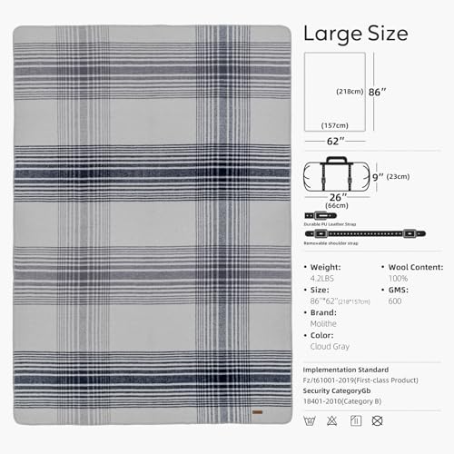 Molithe 100% Wool Blanket, 62" x 86", Warm, Thick, Military, Camping Gear - color: Cloud Gray
