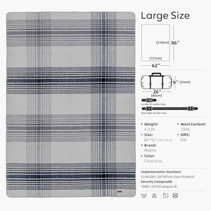 Molithe 100% Wool Blanket, 62" x 86", Warm, Thick, Military, Camping Gear - color: Cloud Gray