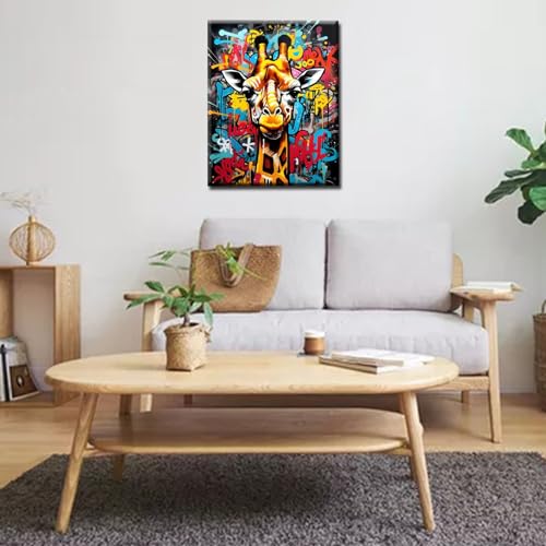 Tucocoo DIY Painting by Numbers for Adults Beginner,Giraffe Doodle Background Paint by Number on Canvas Easy to Paint for Beginner with Pigment and Brushes Unique Graffiti with Frame 16''X20'' - color: Animals-10, size: 16''Wx20''H(DIY frame)