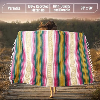 Hydration Nation Authentic Large Handwoven Mexican Striped Throw Blanket - Soft, Durable, Eco-Friendly - 70"x50" - Sunshine - color: Sunshine