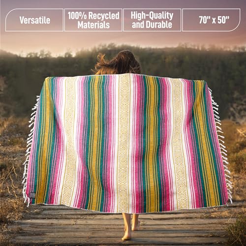 Hydration Nation Authentic Large Handwoven Mexican Striped Throw Blanket - Soft, Durable, Eco-Friendly - 70"x50" - Sunshine - color: Sunshine