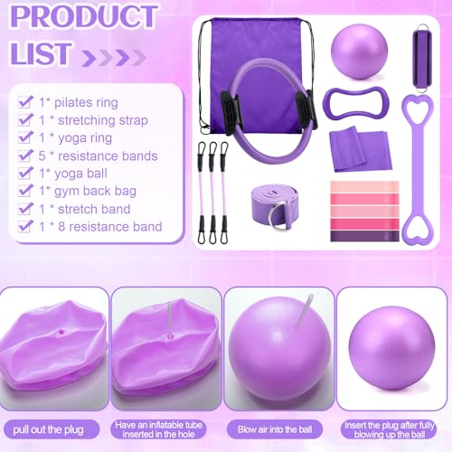 RoundFunny Set of 18 Pilates Ring Essential Kit for Women Pilates Ring and Ball Ankle Resistance Band Yoga Strap Socks Mat Arm Stretcher Latex Tube Gym Back Bag Exercise Equipment for Workout - color: Purple