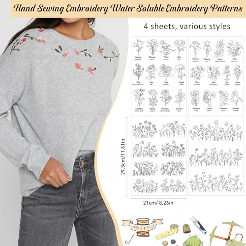 Water Soluble Stabilizer Embroidery Pattern - Birthday Flower Stick & Stitch Embroidery Paper Wash Away, Wildflower Hand Sewing Patterns for Jean Bag T-Shirt (4 Sheets) - style: Flower984