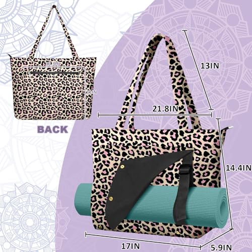 Yoga Bag for Women, Large Canvas Yoga Mat Tote Bag with Yoga Mat Carrier | Large Mat Pocket Fitness Tote for Pilates, Gym, Travel, Office & Beach - color: Leopard print