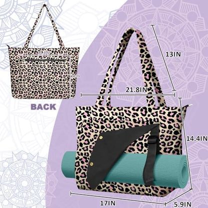Yoga Bag for Women, Large Canvas Yoga Mat Tote Bag with Yoga Mat Carrier | Large Mat Pocket Fitness Tote for Pilates, Gym, Travel, Office & Beach - color: Leopard print