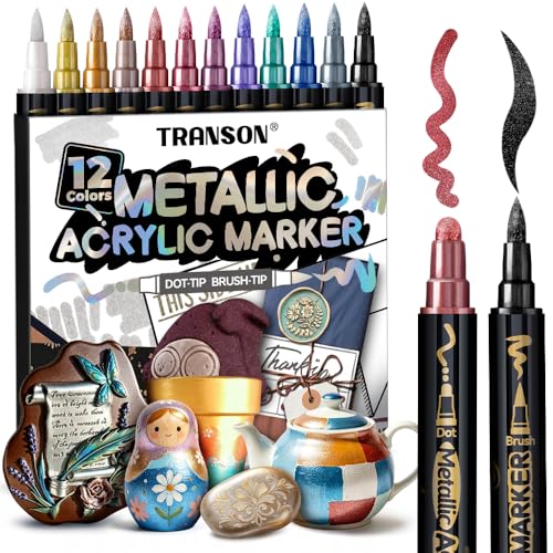 TRANSON 12Colors Metallic Paint Markers Bold and Brush Dual-tip for Rock Wood Ceramic Canvas DIY Painting Drawing - color: 12 Metallic Colors