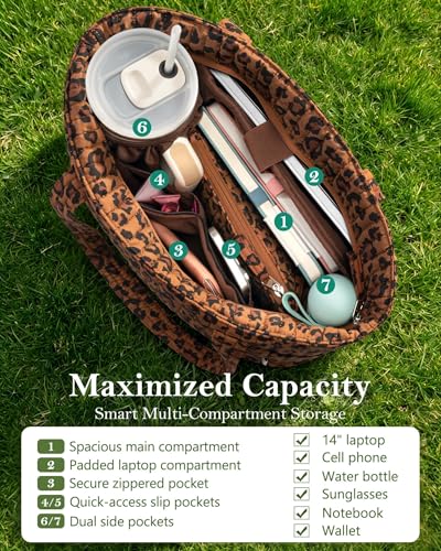 Bagstellar Quilted Tote Bag for Women Teacher Nurse Cotton Laptop Work Tote | Top Zip Closure Puffer Nursing School Travel Tote Bags with 40oz Cup Holder, Lightweight 14” Computer Shoulder Handbag Purses - color: Leopard