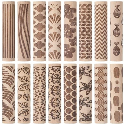 Conderyang 16Pcs Wooden Clay Texture Roller Set Clay Modeling Pattern Rollers Wooden Texture Rollers Wood Pottery Tools Pottery Tool Set for Artists Art Creation Ceramic DIY, 4In x 0.6In（Style 1) - color: Style 1