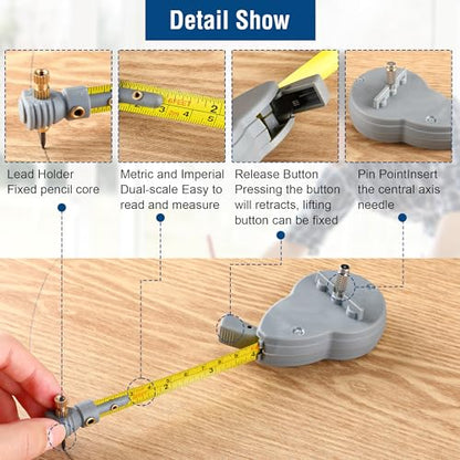 Dreyoo 6.56ft Rotape Tape Measure Compass for Large Circles and Lines | 10 Spare Pencil Leads, Push-Button Retract & Lock, Metric/Imperial Scale, Easy Operation, Woodworking & Drafting Use