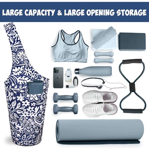 Yoga Mat Bag Carrier for Women with Side Large Pocket Durable Linen Workout Gym Travel Storage Pilates Mats - color: Chinoiserie