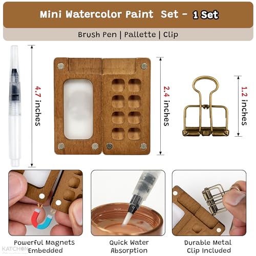 KatchOn, Mini Watercolor Paint Set Creative Sketching & Gifts Set | Portable Pocket Watercolour Travel Kit with 8 Grid Paint Palette, Metal Clip, Water Brush Pen for Painters Artists Students