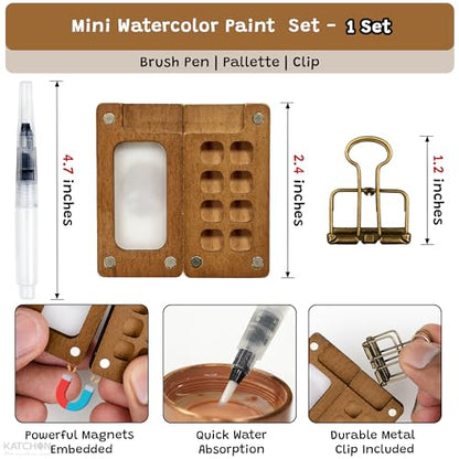 KatchOn, Mini Watercolor Paint Set Creative Sketching & Gifts Set | Portable Pocket Watercolour Travel Kit with 8 Grid Paint Palette, Metal Clip, Water Brush Pen for Painters Artists Students