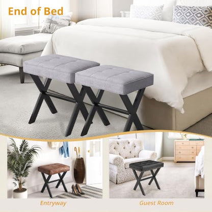 LUE BONA Vanity Stool - Square Linen Makeup Seat With Metal X Legs, Small Ottoman Chair for Makeup Room, Living Room, Bathroom - Modern Padded Foot Rest, Dark Gray - color: Dark Gray