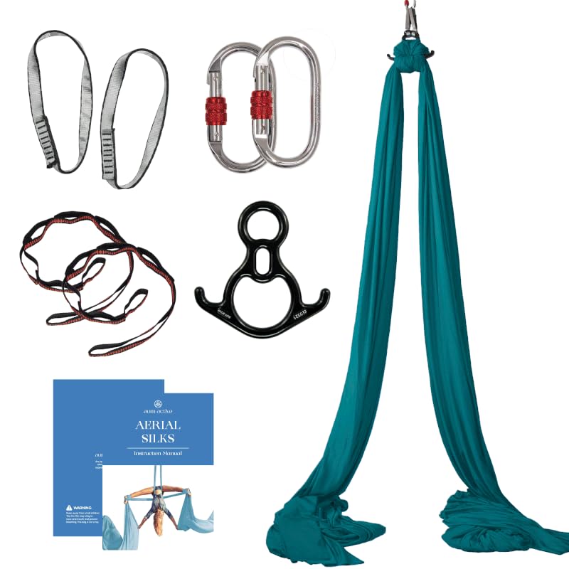 Aerial Silks Starter Kit, 9 Yards, Aerial Yoga Hammock, Hardware | Knitted fabric with pose guide, for aerial yoga, gymnastics, silk swing, stretching and home gym use, suitable for all levels - color: Teal