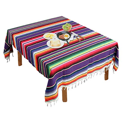 Fowecelt Mexican Serape Blanket Tablecloth 59 x 84 Inch for Mexican Party Wedding Decorations Outdoor Picnics Dining Table, Large Square Fringe Cotton Handwoven Table Cloth - color: Purple, size: 84" x 59" (Square)