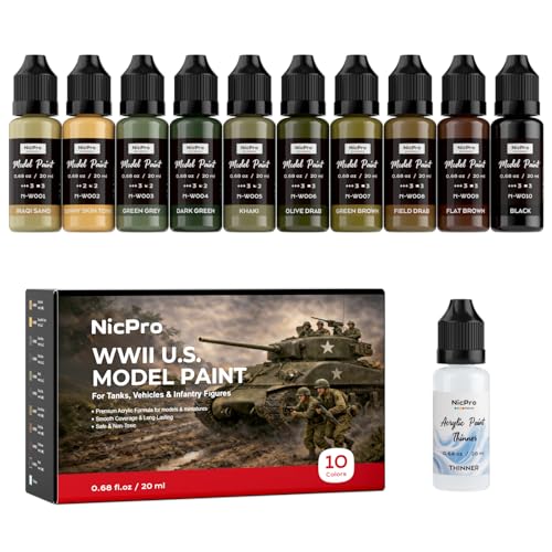 Nicpro 10 Colors WWII U.S. Model Paint Set, 20ml Ready to Use | Modeling Acrylic Paints, Brush & Airbrush, Miniature Paint for American Armour, Tank, Vehicles & Infantry Figure with Thinner - style: WWII U.S.