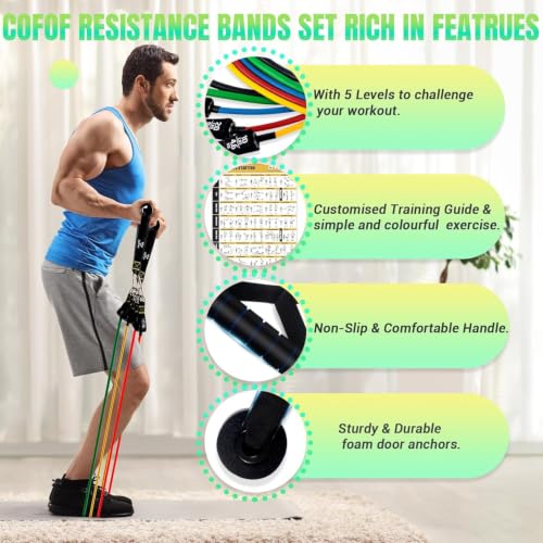 Resistance Bands with Handles for Women, 5 Level Exercise Bands | Workout Bands for Physical Therapy, Yoga, Pilates, Door Anchor, Storage Pouch, Training Poster - color: 10-150LBS-Colorful