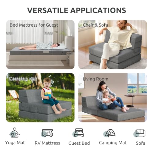 Youzi Folding Sofa Bed, Foldable Mattress for Bedroom and Living Room, 6 Inches Single Four-fold Floor Sofas for Guests, Sofa Bed Chair Floor Mattress with Washable Cover, Dark Gray, 75" x 25" x 6" - size: Single