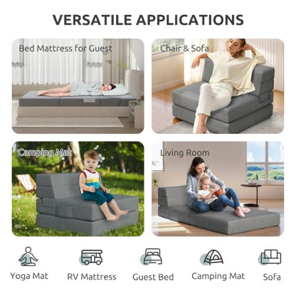 Youzi Foldable Sofa Bed Twin, Sleeper Sofa Bed Couch for Guests, 6 Inches Four-fold Foam Folding Chair for Home and Livingroom, Washable Cover, Dark Gray, 75" x 39" x 6" - size: Twin