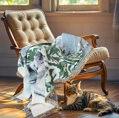 Lodge Wolf Woven Tapestry Throw Blanket 50 X 60 Inches | Wall Hanging Art, Handicrafts Jacquard, Multipurpose Soft Travel Mat, Outdoor with Fringe Tassels - color: Wolves