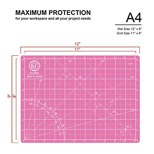 KC GLOBAL A4 (12"x9") Self-Healing Cutting Mat (Pink) - Sturdy, Reversible, Eco-Friendly, Non-Slip. Premium Desk Mat for Crafters, Quilters, and Hobbyist - color: Pink, size: 12"L x 9"W