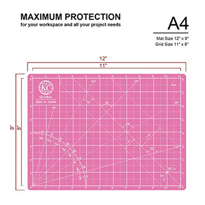 KC GLOBAL A4 (12"x9") Self-Healing Cutting Mat (Pink) - Sturdy, Reversible, Eco-Friendly, Non-Slip. Premium Desk Mat for Crafters, Quilters, and Hobbyist - color: Pink, size: 12"L x 9"W