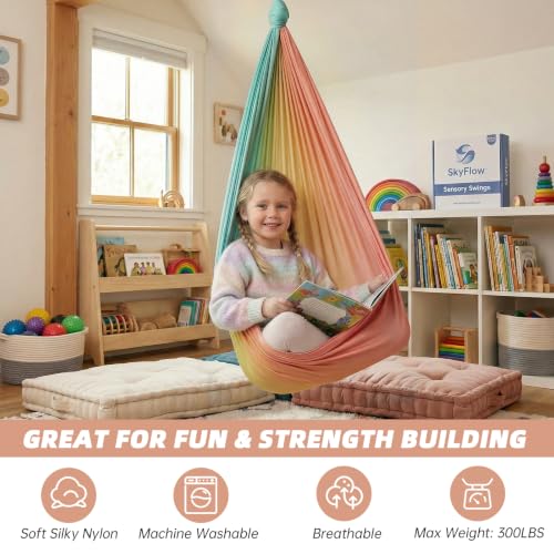 Aokitec Sensory Swing for Kids & Adult, Indoor Outdoor Cuddle Hammock Chair | Therapy swing, Special Needs, Autism, ADHD, Adjustable, Soft Nylon 300LB Capacity, 360 Swivel Hanger, All Hardware Included - color: Orange1