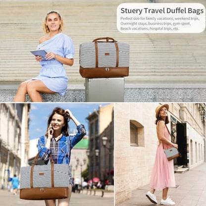 Weekender Bag, Large Travel Duffel Bag for Women, Carry on Overnight Bag with Shoe Compartment and Toiletry Bags - color: A-Blue-White