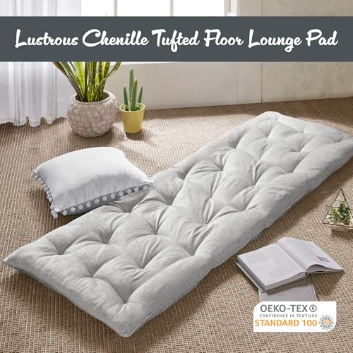 Intelligent Design Foldable Lightweight Lounge Floor Pillow 27" x 74" Grey | Edelia Poly Chenille Soft Sheen Cushion, Tufted Seat for Meditation, Game Playing, Yoga, Reading with Travel Wrap - color: Gray