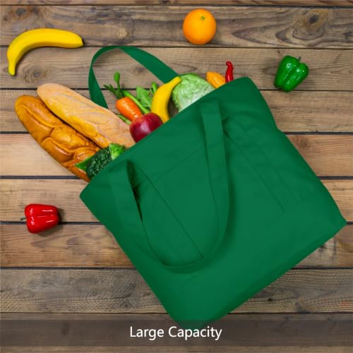 TOPDesign 1-Pack Canvas Tote Bag with an External Pocket, Reusable Grocery Shopping Bag, Top Zipper Closure, Daily Essentials (Green) - color: Green