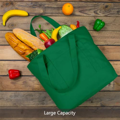 TOPDesign 1-Pack Canvas Tote Bag with an External Pocket, Reusable Grocery Shopping Bag, Top Zipper Closure, Daily Essentials (Green) - color: Green