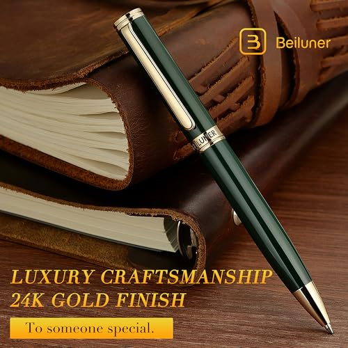 BEILUNER Luxury Gel Pen with 24K Gold Finish, Green Piano Lacquer, Luxury Grade Craftsmanship, Fancy Pen Gift Set for Men and Women, Graduation Gift, Executive, Office, Retractable, Nice Pen Set - color: Green and Gold Finish
