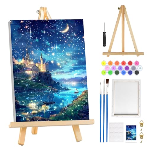 MOGTAA Paint by Numbers Kit for Adults with Frame, Starry Night Paint by Number Canvas, Lake Landscape Paint by Numbers with Easel, DIY Castle Oil Painting Kit for Home Wall Decor 8 x 12 Inch - color: Starry Night1
