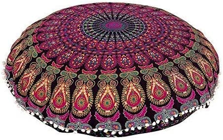 CRAFT KALA 32" Large Round Bohemian Floor Pillow Cover Boho Pouf Cover Mandala Meditation Room Pillows Cover Adults Seating Poufs Cushion Cover for Kids Reading Playroom Pink Yellow Mirchi - color: Pink Yellow Mirchi
