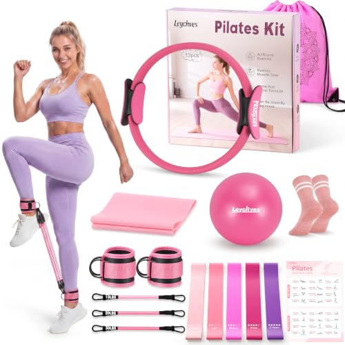 Home Pilates Essentials Kit for Women, Magic Circle Pilates Equipment Ring and Ball Set, Resistance Bands Workout Guide Video for 28 Day Pilates Challenge Starter Kit for Beginners - color: 14" Ring – Rose