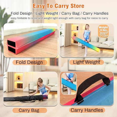 Marfula 6 FT / 8 FT / 9 FT Folding Gymnastics Beam Foam Balance Floor Beam - color: Gradual Rainbow, size: 6 Ft