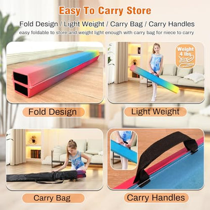 Marfula 6 FT / 8 FT / 9 FT Folding Gymnastics Beam Foam Balance Floor Beam - color: Gradual Rainbow, size: 9 Ft