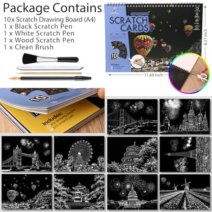 10 Pcs Scratch Art Book for Adults Teens, Rainbow Cityscape Craft DIY Kit | DIY Colorful City Series Painting Paper, ASMR Stress-Relief Engraving Kit Scratchboard, DIY Sketch Card Creative Craft - color: Travel Landmarks B