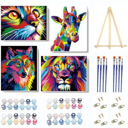 4 Pack Paint by Numbers Kit for Adults Framed Canvas with Wooden Easel | Adults' Paint-by-Number Kits Cat Giraffe Wolf Lion DIY Acrylic Animal Oil Painting Arts Crafts 7.8x11.8inch - color: 4 Pack 20X30in-11, size: 8x12in with Framed - with Wooden Easel