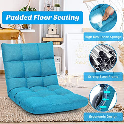 Giantex Adjustable Floor Gaming Sofa Chair 14-Position Cushioned Folding Lazy Recliner High Resilience Sponge, Breathable Cotton & Linen Fabric Sleeper Bed Couch Recliner - color: Peacock Blue
