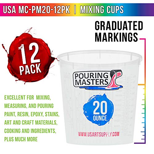 Pouring Masters 20 Ounce (600ml) Graduated Plastic Mixing Cups (Box of 12) - Paint Mixing Cups for Epoxy Resin, Art, Kitchen, Baking - Measurements in OZ and ML, 4 Different Measuring Ratios 1:1 - size: 20-Ounce - Cup