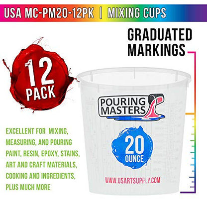 Pouring Masters 20 Ounce (600ml) Graduated Plastic Mixing Cups (Box of 12) - Paint Mixing Cups for Epoxy Resin, Art, Kitchen, Baking - Measurements in OZ and ML, 4 Different Measuring Ratios 1:1 - size: 20-Ounce - Cup
