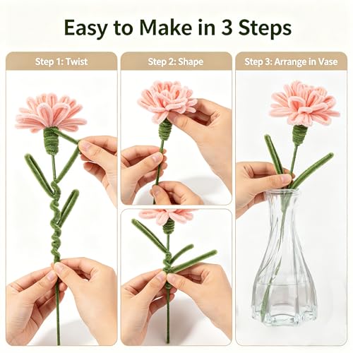 Lymoc DIY Flower Bouquet Kit with 2 Glass Vases, 600PCS Pipe Cleaners Craft Kit, 13 Colors Chenille Stems for Flower Making, Handmade Gift Kit for Girls,Teens&Adults, DIY Crafts & Home Decor