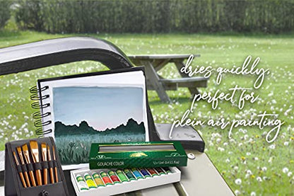 MyArtscape Supplies Paint Set - Gouache 12 x 12ml Paint Tubes - Fade-proof - Rewettable - High Pigment Load - with Premium Set of 15 Short Handle Art Brushes for Watercolor, Acrylic & Oil Painting